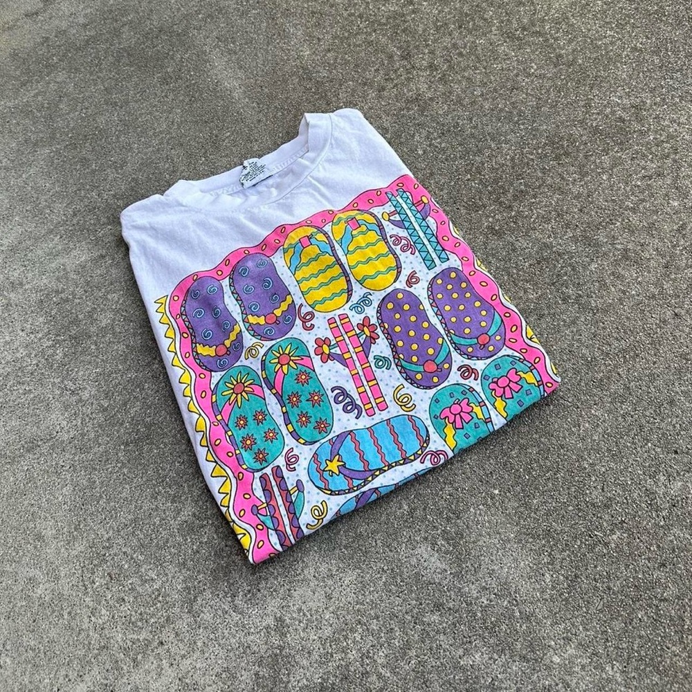 Vintage Single Stitch 1994 Edisto Beach South Carolina Colorful Flip Flops Shirt